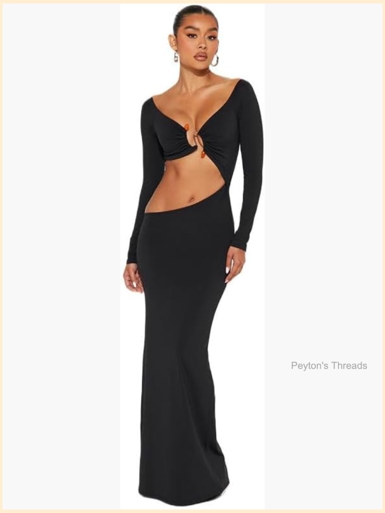 Sexy Hollow Out Bodycon Dress Long Sleeve Maxi Dress With Twist Front